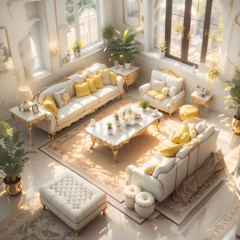 Meticulous house, Cute 3d render, Attractive lights and shadows, White and yellow cushions, architecture, tables and chairs, Indoors, Building, Living room, Room, rug, a plant, Home décor, sofe, chair, Interior design