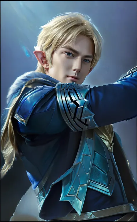 a close up of a person holding a sword in a field, ezreal (league of legends, extremely detailed artgerm, artgerm jsc, ig model | artgerm, male blonde elf ranger, portrait of magical blond prince, stanely artgerm, artgerm detailed, tane skin, stanley artge...