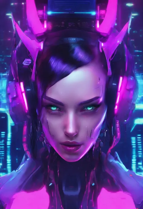 naked robot girl, very pale skin with seamlines, big breasted, purple hair in a pony tail, blue eyes with black sclera, purple nail polish, purple lipstick, black eye shadow, neon lights in background