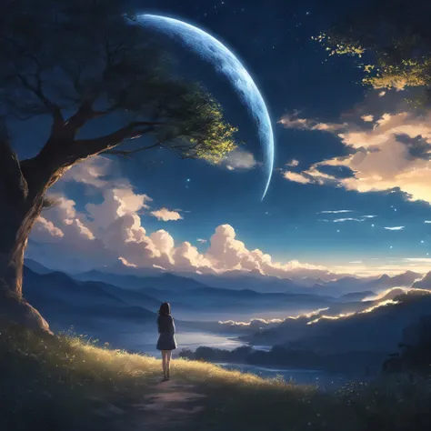 Highly concentrated beauty，Through the sky, Starry Moon Painting, concept art inspired by Tosa Mitsuoki, Pixiv competition winner, Best quality, Fantasy art, beautiful anime scenes, A bright moon, Starry sky environment in moonlight, Dream painting, Anime ...