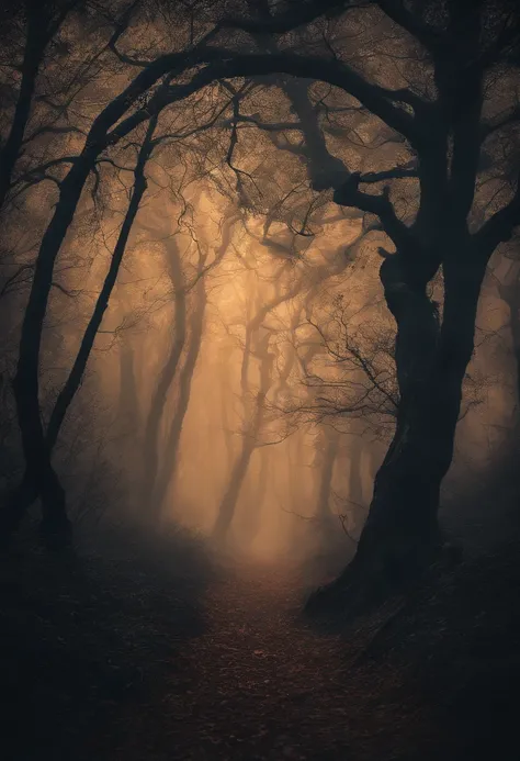 (best quality,4k,8k,highres,masterpiece:1.2),ultra-detailed,(realistic,photorealistic,photo-realistic:1.37),haunted woods,mystical feeling,ominous,enchanted forest,dark shadows,mysterious fog,ancient trees,twisted branches,gloomy atmosphere,ethereal glow,s...