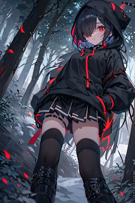 red color eyes, Black color hair, Black platform boots, short detailed hair, black thigh socks, Hair covers one eye, black   hoodie, Black thigh strap, black sash,nigth，black short skirt，ln the forest，at winter season，bit girl，waiting to start，looking down...