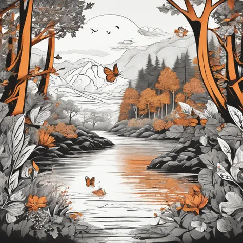 (best quality,4k,highres,masterpiece:1.2),ultra-detailed,realistic,hdr,dreamy orange and black pastel color palette,intricate paper art style illustration,forest,river running,colorful butterflies,dense foliage,vibrant flowers,towering trees,sunlight filte...