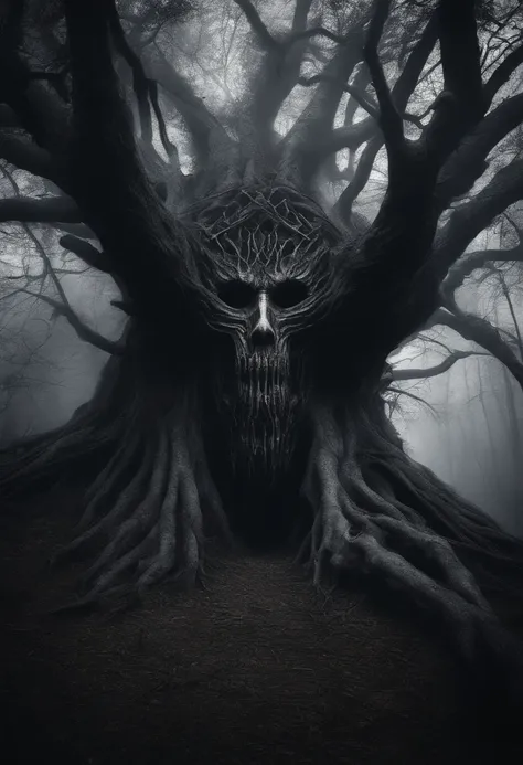 A giant tree in the dark forest，Bodies hang from tree branches，There is a huge terrifying human face on the tree