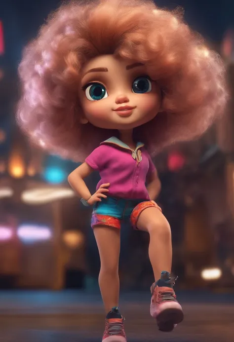 small girl, big hair, with shiny short shorts, perfect face,