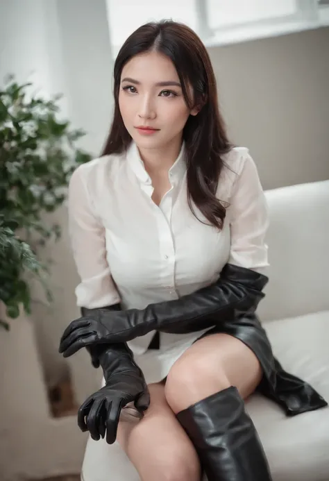 Black leather gloves with five fingers in both hands, black leather tight skirt, white blouse, black leather long boots, Japanese girl with straight black hair, sit on a leather chair with her feet aligned, both hands of leather gloves are aligned on her k...