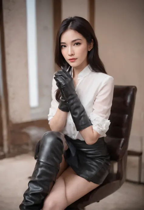 Black leather gloves with five fingers in both hands, black leather tight skirt, white blouse, black leather long boots, Japanese girl with straight black hair, sit on a leather chair with her feet aligned, both hands of leather gloves are aligned on her k...