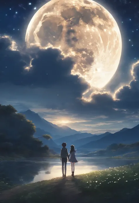 Highly concentrated beauty，Across the sky, Starry Moon Painting, concept art inspired by Tosa Mitsuoki, Pixiv competition winner, Best quality, Fantasy art, beautiful anime scenes, A bright moon, Starry sky environment in moonlight, Dream painting, Anime b...