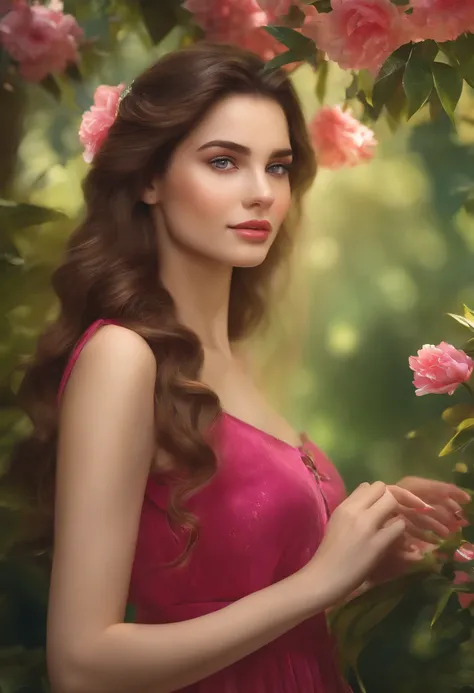 (best quality,4k,8k,highres,masterpiece:1.2),ultra-detailed,(realistic,photorealistic,photo-realistic:1.37),beautiful,energetic, vibrant girl, with flawless skin, bright expressive eyes,(long eyelashes:1.1) and naturally pink lips, immersed in a lush garde...