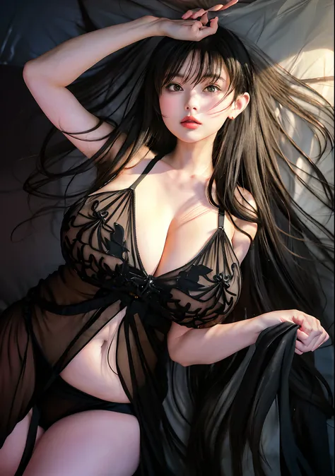 anime - style image of a woman in a black dress transparent laying on a bed, kiss face, big breasts, big thigh, big thicc, big ass, seductive anime girl, anime girl wearing a black dress transparent, anime moe artstyle, beautiful alluring anime woman, from...