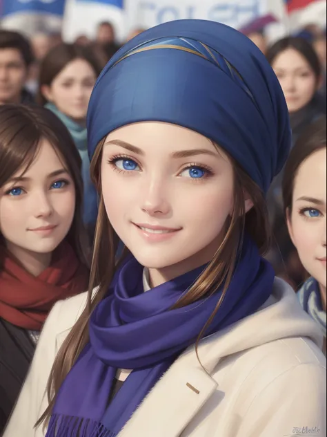 masterpiece, best quality, photorealistic, portrait of young women, smiling, blue eyes, with scarf, in front of crowd