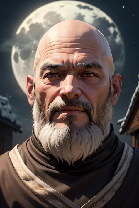 Ultra realistic image of a 50-year-old bearded bald monk with straight face looking at me with backface lighting with full moon night and wolves howling and smiling