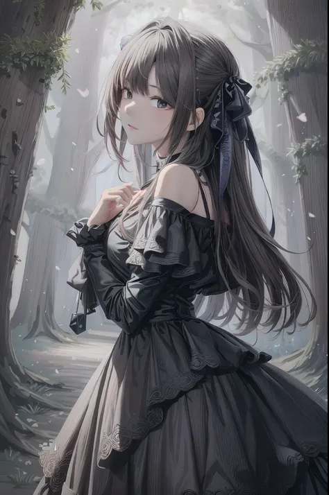 Anime girl in dark dress standing in the forest, gothic maiden anime girl, Anime girl wearing black dress, a maid in a magical forest, Guweiz on ArtStation Pixiv, Guweiz in Pixiv ArtStation, loli in dress, Beautiful anime girl, a beautiful anime portrait, ...