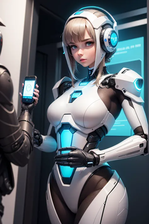 Create an image of a robot hand holding a mobile phone. The robot hand should be detailed, metallic and futuristic, with reflections on the surface. O celular deve ser moderno, with a bright, visible screen. A cena deve ser bem iluminada para destacar os d...