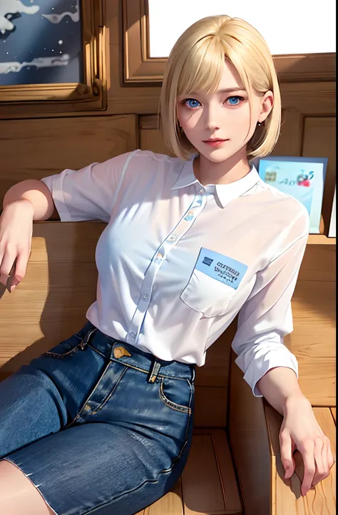 cleanness、wet​、(((gradients)))、White shirt with collar、1girl in、NSFW、(((White Swedish blonde woman with blue eyes)))、(((Medium bob)))、(Beautiful hairstyle)、Bewitching smile、azure eyes、pose for photo、big eye、Beautiful blonde girl、gorgeous young model、beauti...