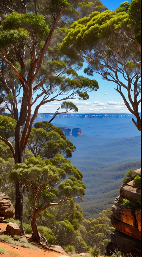 Blue mountains landscape, Katoomba, Australian bushland, sunny, rock faces, eucalyptus trees, hdr, photo realistic