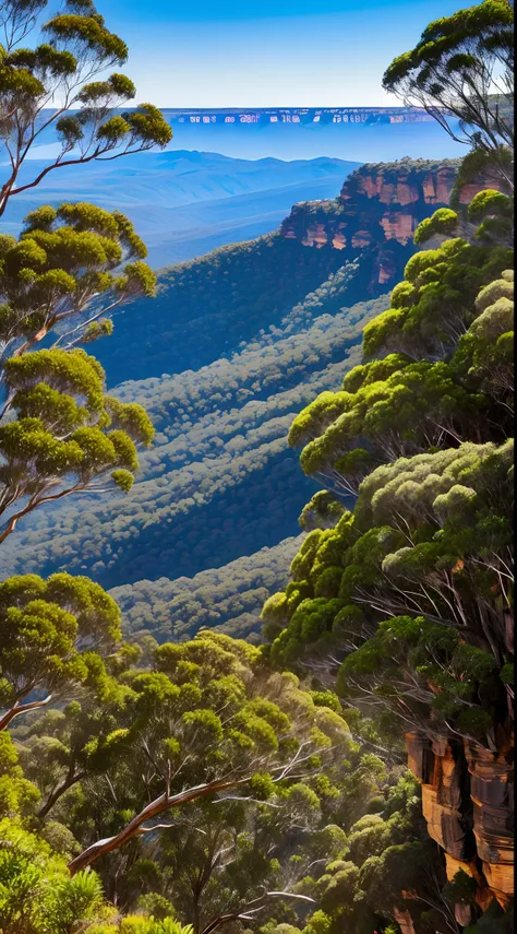 Blue mountains landscape, Katoomba, Australian bushland, sunny, rock faces, eucalyptus trees, hdr, photo realistic