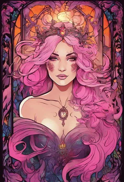 (a pink-haired demon woman,spells:1.1,glowing:1.1)(illustration)(best quality,ultra-detailed,realistic:1.37),demonic witch(demonic:1.1)(magic:1.1)(forest)(dark and mysterious,ominous atmosphere),casting powerful spells,creating magical energy(magic:1.1),vi...