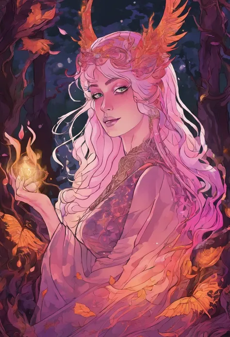 (a pink-haired demon woman,spells:1.1,glowing:1.1)(illustration)(best quality,ultra-detailed,realistic:1.37),demonic witch(demonic:1.1)(magic:1.1)(forest)(dark and mysterious,ominous atmosphere),casting powerful spells,creating magical energy(magic:1.1),vi...