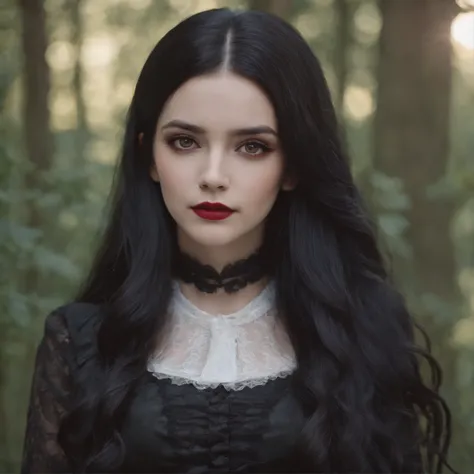 Young girl with long black hair, red eyes  gothic Lolita