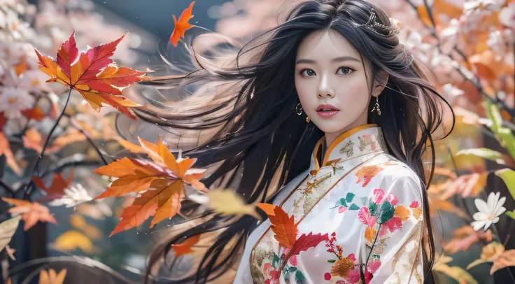 32K autumn views（tmasterpiece，k hd，hyper HD，32K）Long flowing black hair，ponds，zydink， a color， Autumn （Sexy girl nipple）， （Blue and white silk scarf）， Combat posture， looking at the ground， long whitr hair， Floating hair， Carp pattern headdress， Chinese lo...