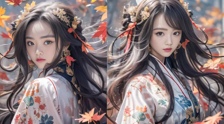 32K autumn views（tmasterpiece，k hd，hyper HD，32K）Long flowing black hair，ponds，zydink， a color， Autumn （Sexy girl nipple）， （Blue and white silk scarf）， Combat posture， looking at the ground， long whitr hair， Floating hair， Carp pattern headdress， Chinese lo...