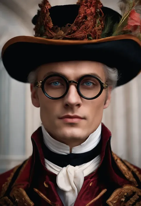 A man in a 1700s magicians outfit and black round-framed glasses crying black blood.