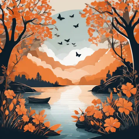 (best quality,4k,highres,masterpiece:1.2),ultra-detailed,realistic,hdr,dreamy orange and black pastel color palette,intricate paper art style illustration,forest,river running,colorful butterflies,dense foliage,vibrant flowers,towering trees,sunlight filte...