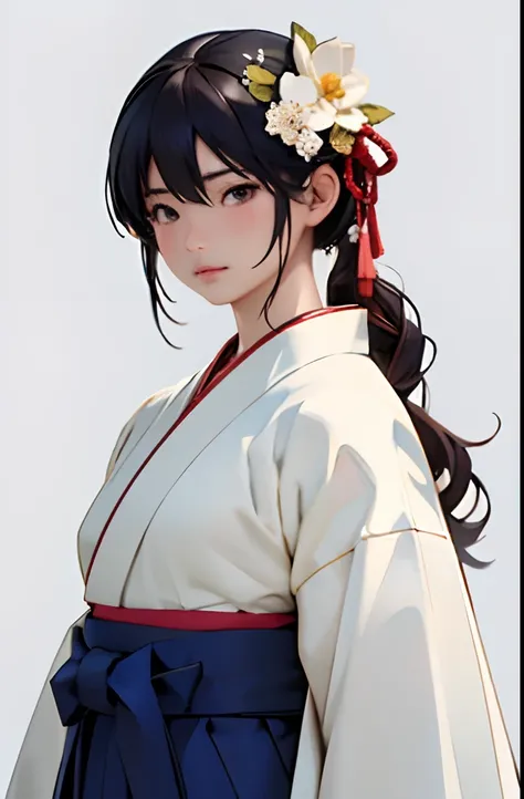 top-quality、​masterpiece、超A high resolution、(Realistic:1.4)、Anime style、女の子 1 人、Floral hair ornament、Standing、Big brush、Calligraphy Performance、White jacket and navy blue hakama、Hakama、school gym