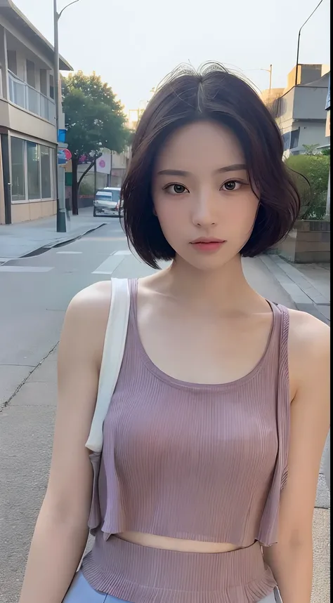 ((Best Quality, 8K, masutepiece :1.3)), Sharp Focus :1.2, Perfect figure beautiful woman:1.4, Slim abs:1.2, ((Short hair in layers:1.2)), (tanktop shirt:1.1 ), (the street:1.2), Highly detailed facial and skin texture, A detailed eye, 二重まぶた