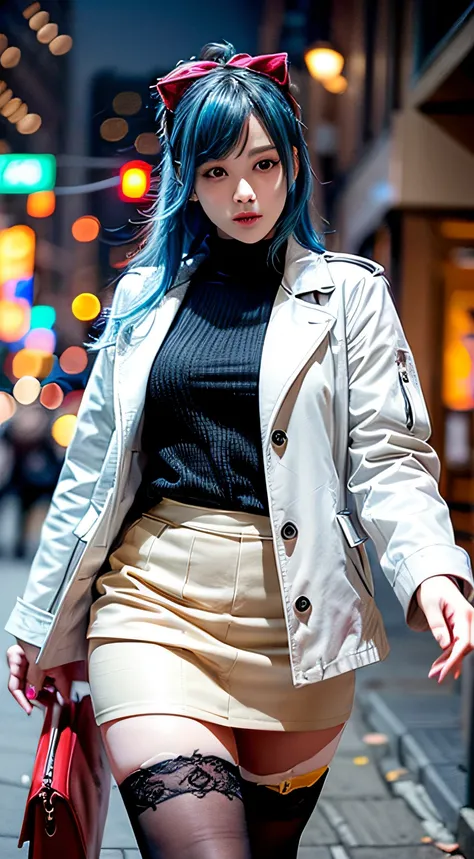 (Best quality,4K,8K,A high resolution,Masterpiece:1.2),Ultra-detailed,(Realistic,Photorealistic,photo-realistic:1.37),Long shot,Blue-haired girl, Hair falls on the left shoulder, Wears a white coat lined with red, blackminiskirt, Patterned stockings, High ...