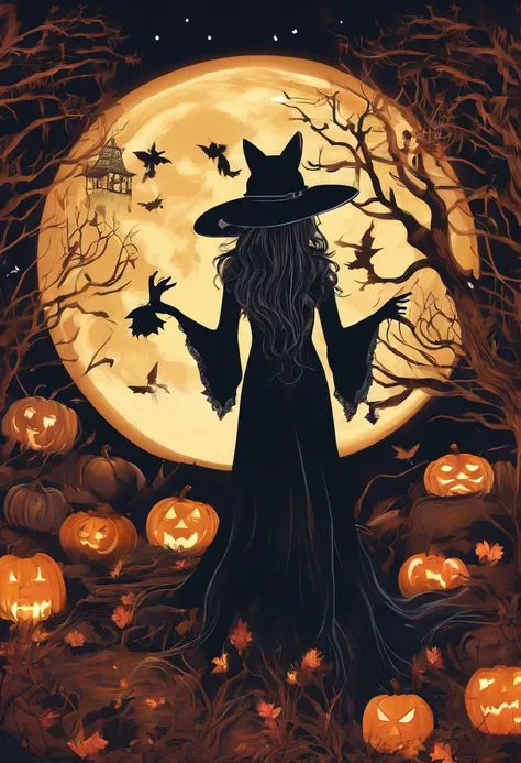 halloween themed witch,jack o lantern style dress,beautiful detailed eyes,beautiful detailed lips,longeyelashes,witch hat,glowing,candle light,hauntingly elegant,spooky forest background,magic broomstick,flying in the moonlight,bats flapping wings,mystical...