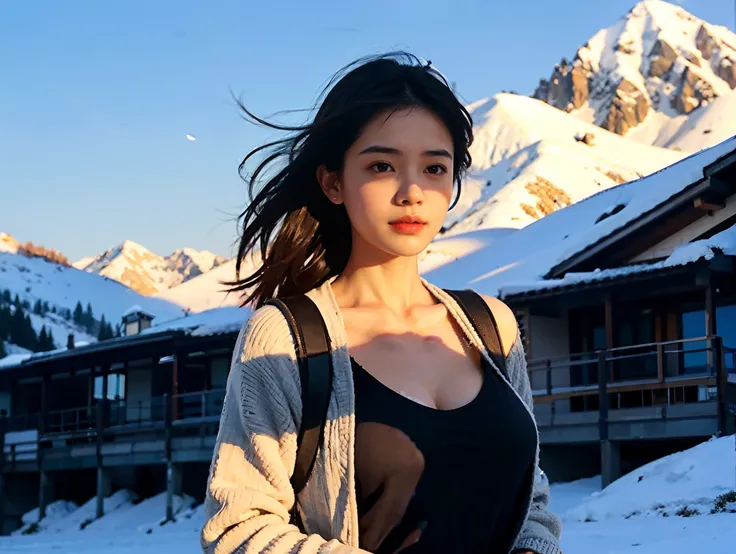 1girll ，Deep V shorts, ultra - detailed， Bust photo， exteriors， snow mountains， backpacks， mitts，  smog， shadowing， to contrast， sunny clear sky， filmgrain，a warm color palette， closeup cleavage， cinematric light， 超高分辨率， Best shadow， Masterpiece，high detal...