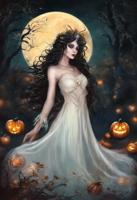 The prompt for the first theme "the goddess of Halloween" can be as follows:

"the goddess of Halloween,beautiful detailed eyes,beautiful detailed lips,extremely detailed face, long eyelashes,ethereal beauty,dark enchantress,vibrant colors,hauntingly beaut...