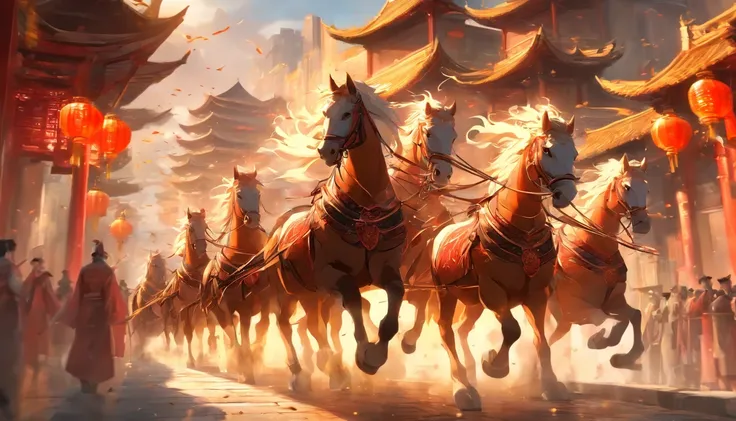 A bustling ancient Chinese city，Four tall horses pulling a carriage are slowly approaching，4K，super-fine，tmasterpiece，high qulity，Facing the lens，ultra-wide-angle