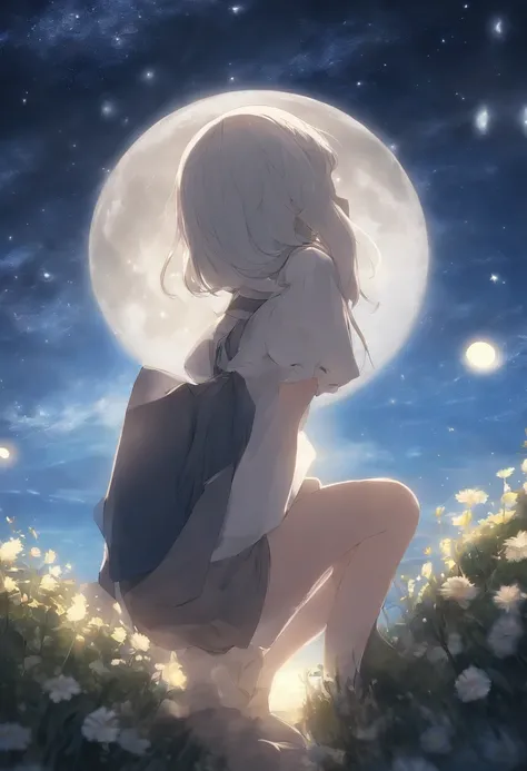 Highly concentrated beauty，Across the sky, Starry Moon Painting, concept art inspired by Tosa Mitsuoki, Pixiv competition winner, Best quality, Fantasy art, beautiful anime scenes, A bright moon, Starry sky environment in moonlight, Dream painting, Anime b...