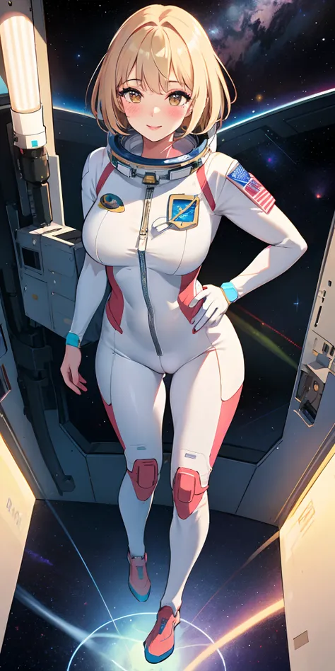 1girl, lips, blush, makeup, light smile, full body, nice hip, wide angle, POV, from above, floating, astronaut uniform, space suit, indoor, space, light rays, glow, (masterpiece), wallpaper