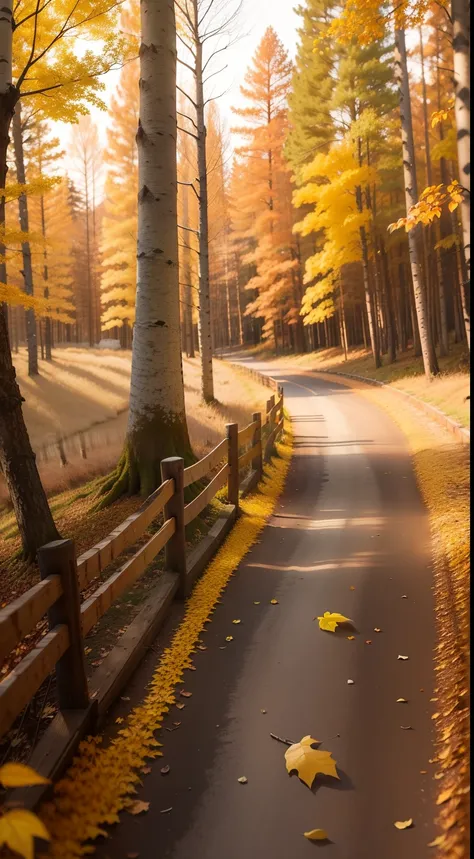 autumnal, the setting sun, In the woods,Birch,White bark, Yellow leaves,The ground is covered with fallen leaves,  There are small squirrels on the ground，Boardwalk,Bright environment, Colorful sky,Natural scenery, real footage, Camera shot,f/1.2 Wide angl...