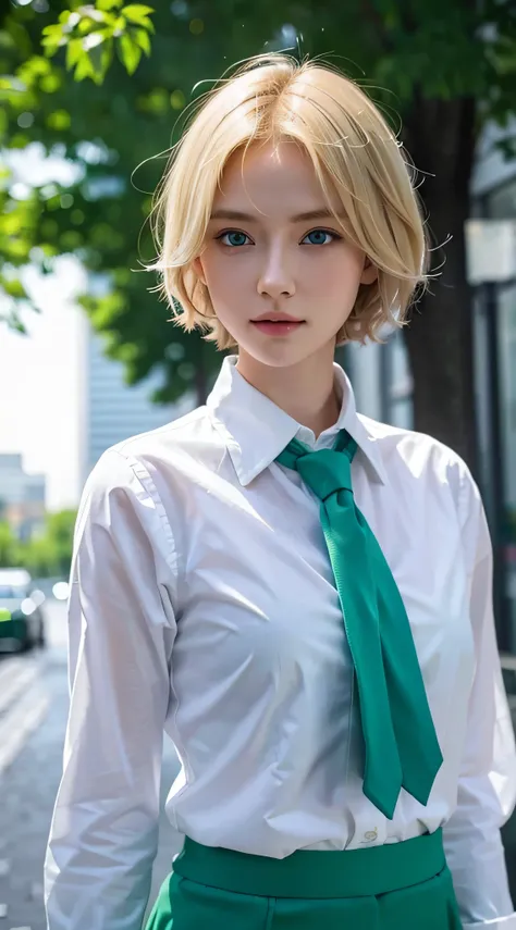 1girl, blond hair, short hair, blue eyes, white shirt, green tie, green skirt, city, rain, detailed background