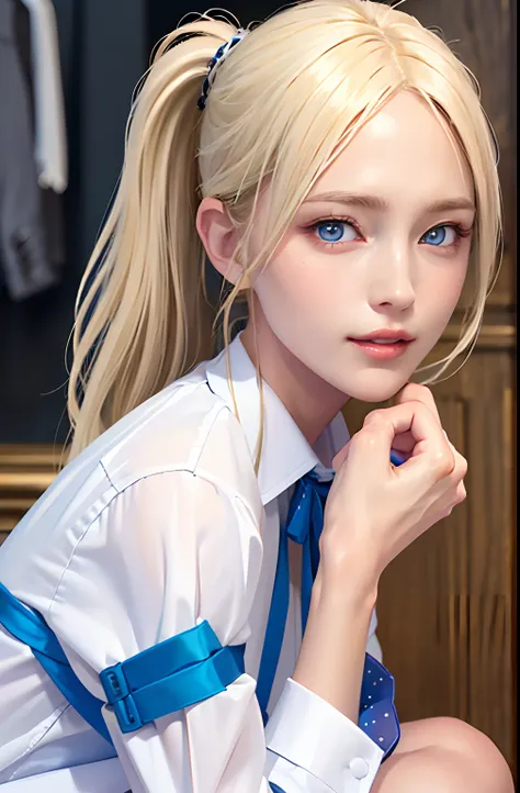 cleanness、wet​、(((gradients)))、Collared shirt、1girl in、NSFW、(((White Swedish platinum blonde woman with blue eyes and long hair)))、(((Longhaire)))、((poneyTail))、Bewitching smile、azure eyes、pose for photo、big eye、Beautiful blonde girl、gorgeous young model、b...