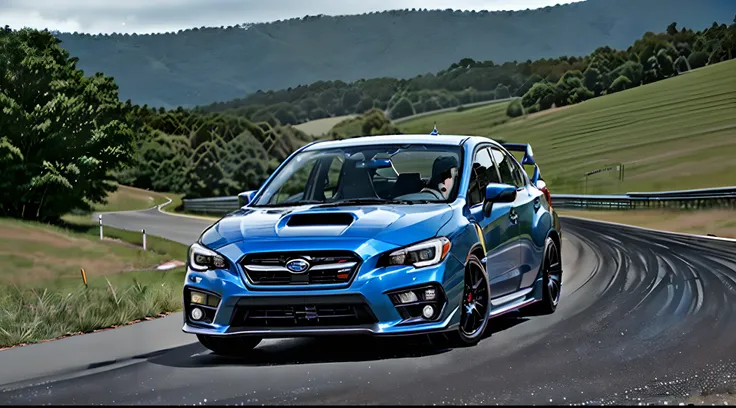 Single car, 2015 Subaru VA WRX, hyper blue, premium model, sunroof, lowered, black sti wheels, front intercooler, racing up hillclimb, bitumen single lane track, countryside background, front angles view, hdr, photo realistic