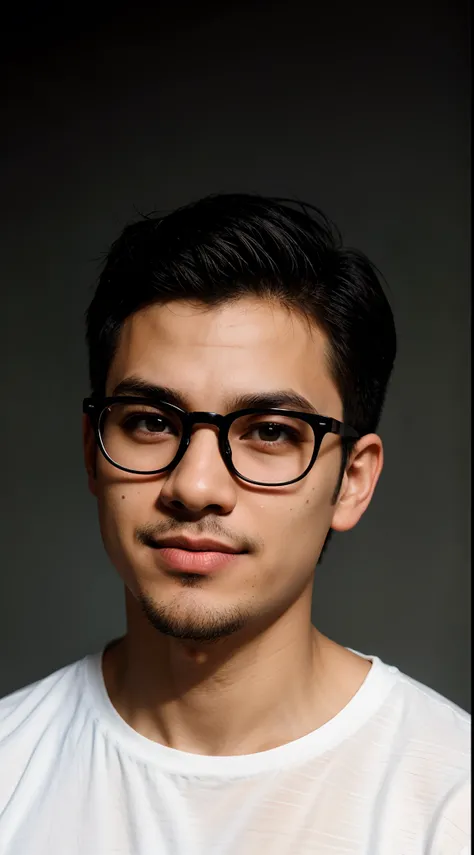 RAW Photo, DSLR BREAK
(kkw-ph1:0.9) BREAK
half body portrait of 1 young 20yo man, black hair, wearing white t shirt, wearing black rayban eyeglasses, perfect eyes, black eyes, perfect lips, shaved, with goatee, perfect nose, professional color graded, wond...