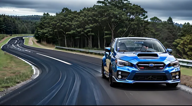 Single car, 2015 Subaru VA WRX, hyper blue, premium model, sunroof, lowered, black sti wheels, front intercooler, racing up hillclimb, bitumen single lane track, countryside background, front angles view, hdr, photo realistic