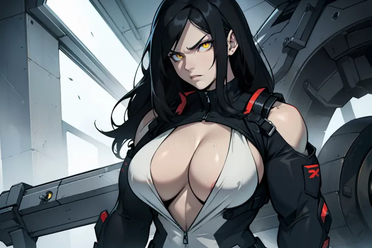 1 girl, solo, very long hair, busty, (muscular), thick thighs, black hair, yellow eyes, pale skin, angry, (ultra detailed eyes), cleavage