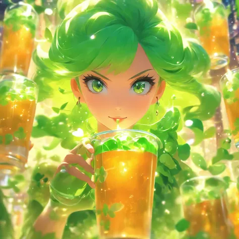 Anime girls with green drinks and clover drinks, light green tone beautiful face, adorable digital art, Cute detailed digital art, Realistic cute girl painting, Beautiful anime girl, cute beautiful, anime visual of a cute girl, lovely art style, Cute anime...