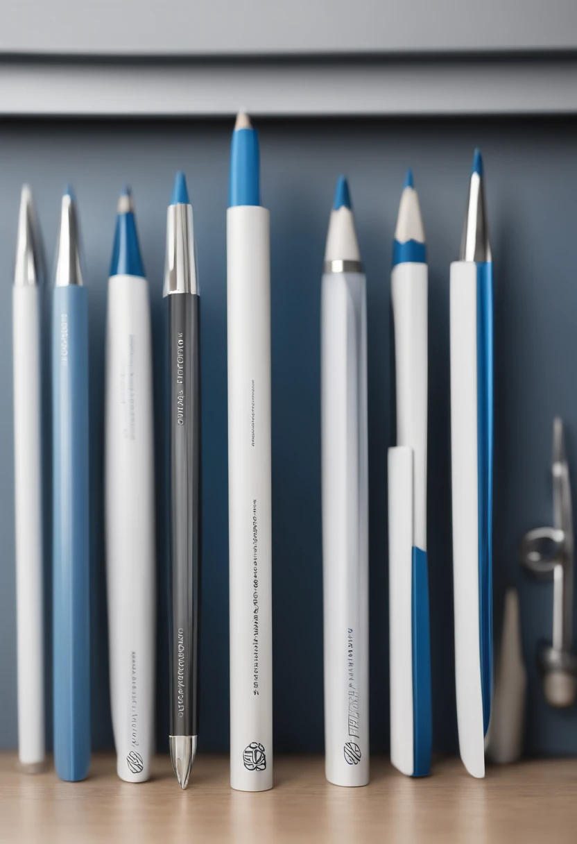 /imagine prompt: The logo of an office supply company, com um design minimalista e elegante, featuring a set of pencils and pencils interlaced in shades of blue and silver, um fundo branco com letras serifadas sutis, um ambiente limpo e profissional, 插圖, P...