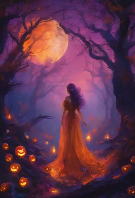 "(best quality, highres, ultra-detailed), The goddess casting mystical glowing spells in a haunted forest, orange and purple hues, portraits, vivid colors, extreme detail description, sharp focus, physically-based rendering, studio lighting, horror, witch,...