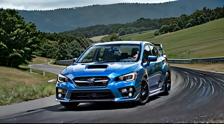 Single car, 2015 Subaru VA WRX, hyper blue, premium model, sunroof, lowered, black sti wheels, front intercooler, racing up hillclimb, bitumen single lane track, countryside background, front angles view, hdr, photo realistic