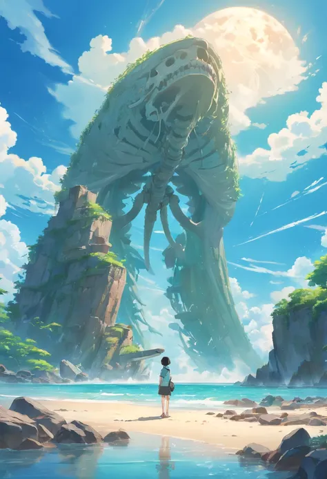 Standing on an island where the skeleton of sea beasts is stacked, looking into the distance，The distant archipelago is scattered，There are ruins on the island，The sky is cloudy，There is thunder in the sky，ancient ruins background，Behemoth skeletons，