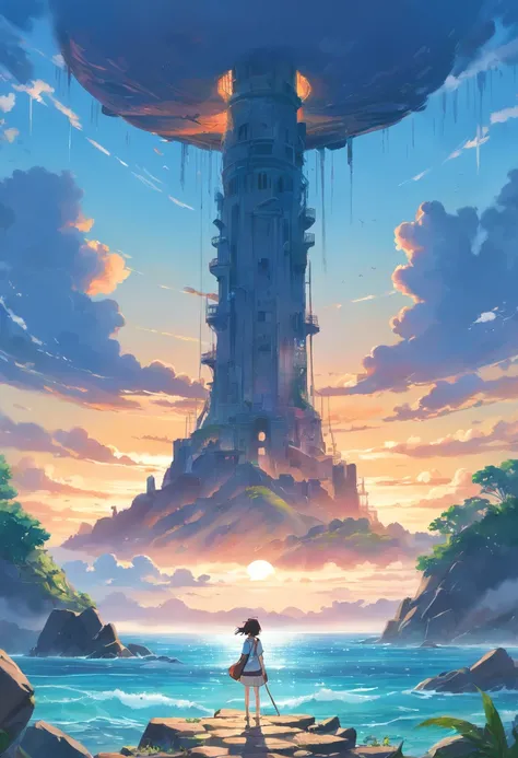 Standing on an island where the skeleton of sea beasts is stacked, looking into the distance，The distant archipelago is scattered，There are ruins on the island，The sky is cloudy，There is thunder in the sky，ancient ruins background，Behemoth skeletons，